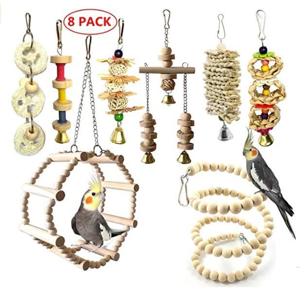 Wooden Bird Toy 7-Piece Set Bird Cage Perch Stand Natural Color Pet Toy for Cockatiels