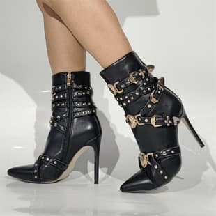 European and American Export Black Fashion Sexy Heavy Craft Banquet Pointed Toe Stiletto Heel Drag Large Size 46 Women's Ankle Boot