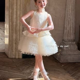 Girls' Elegant Dress Summer New Mesh Skirt Ballet Style Tutu Sweet Sequins Tank Dress