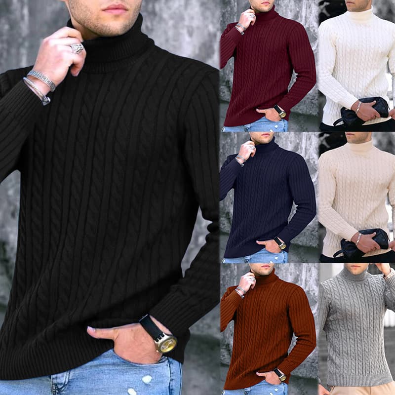 Cross-border wholesale knitwear men's style winter youth new style high collar thickened solid color stripe sweater base layer men's clothing