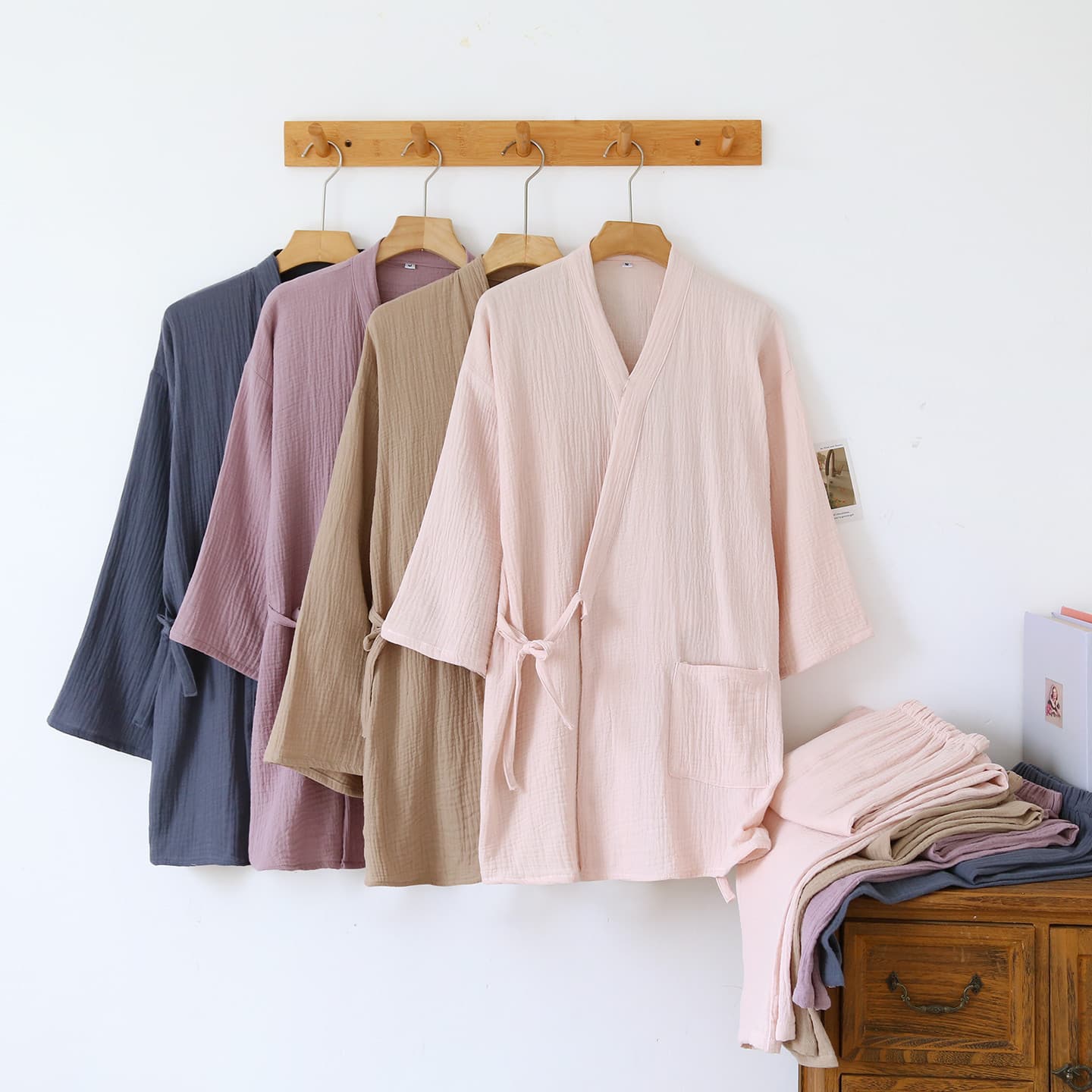 Couple Japanese Yukata Pajamas - Women's Spring/Autumn Crepe Cotton Double-Layer Gauze, Men's Summer Simple Solid Color Homewear Set