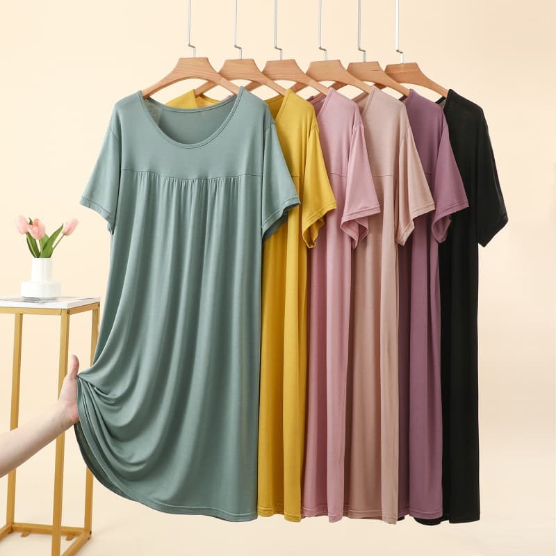 Modal Sleep Dress for Women Summer Thin Plus Size Slimming Long Dress Short Sleeve Pleated Skirt Casual Loungewear
