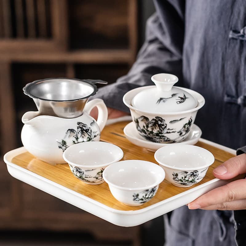 Household Kung Fu tea set, one covered bowl, three cups, simple tea making, serving guests, ceramic tea drinking cup, dry tea making tray