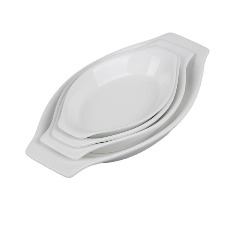 Wholesale Hotel Porcelain Magnesia Crystal Diamond Porcelain Dish Binaural Baking Pan Flat Bottom Banana Boat Plate Baked Rice Plate