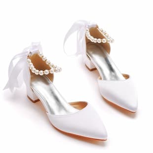 4cm Mid-Low Heel Pointed Toe Open Sandals, Chunky Heel Shallow Mouth Women Shoes White Satin Wedding Banquet Bride Shoes