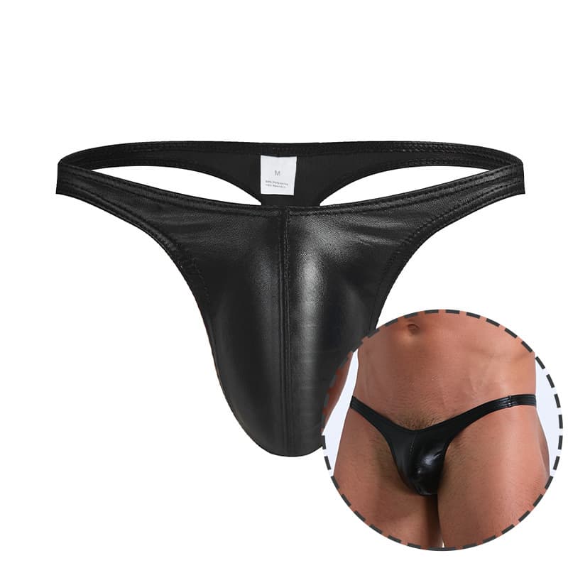 Men's Faux Leather Thong Shorts Cross-border Sexy Low-Rise Thong Faux Leather European Size Wholesale Sexy Men's Underwear