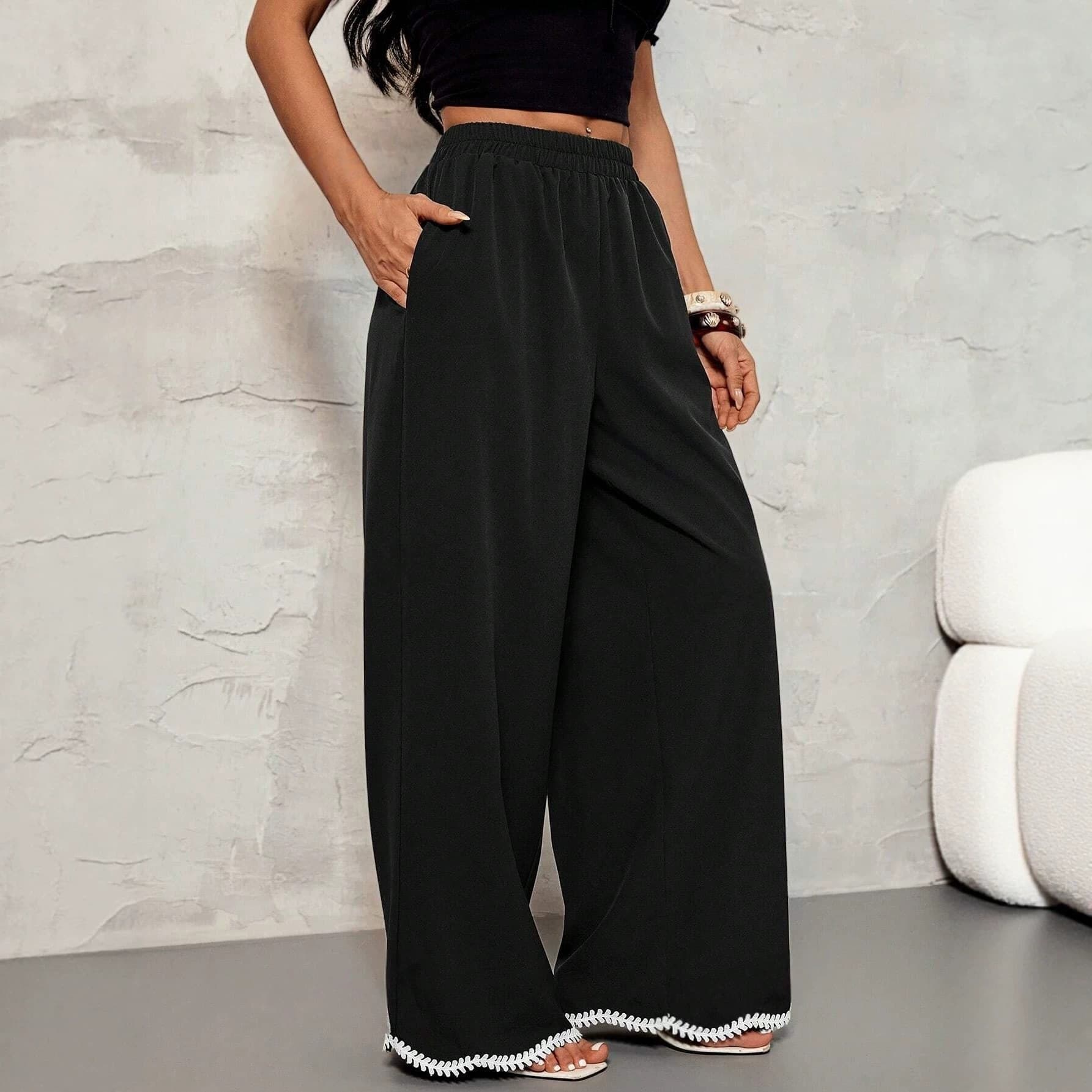 2026 New European and American Cross-Border Spring/Summer Fashion Casual Vacation Slim Elastic Waist Lace Pocket Loose Straight Long