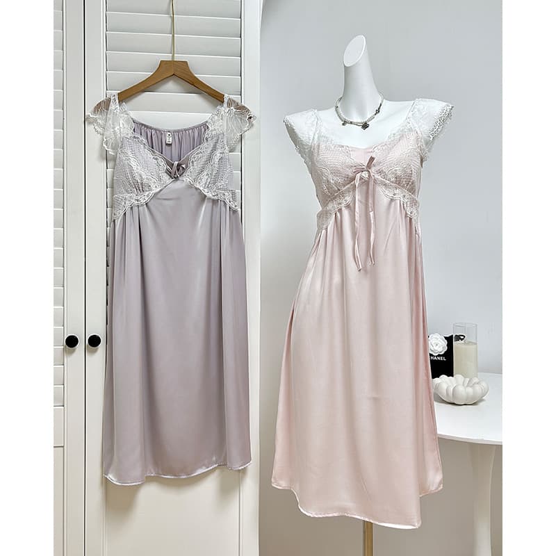Daydream French Lace Nightdress with Chest Pad Light Luxury Women's Spring and Summer Ice Silk Cool and Comfortable Home Clothes