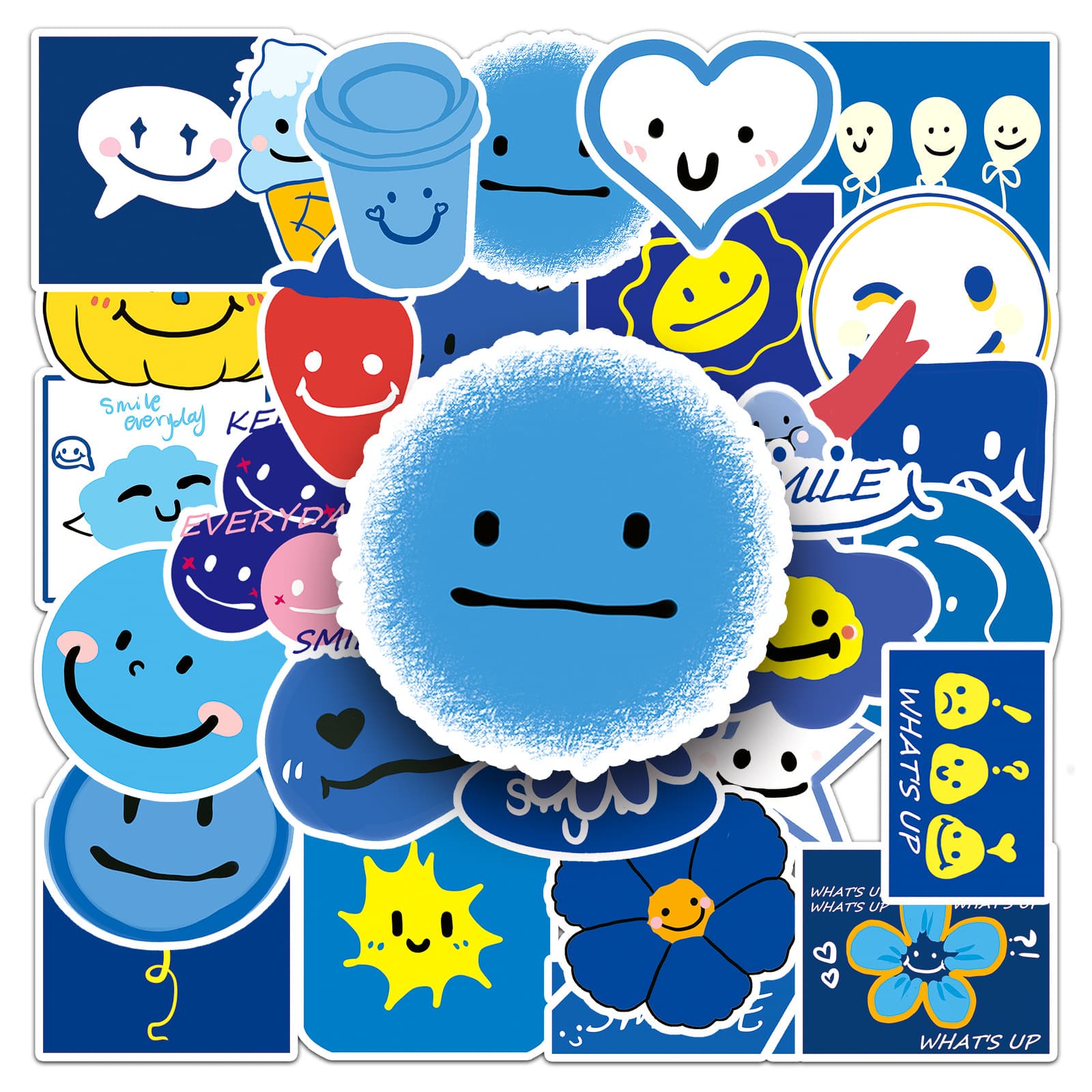 Blue Smiley Graffiti Cartoon Stickers 50 Pieces Decorative Cup Luggage Decals Adorable Original Series Lightweight Printed