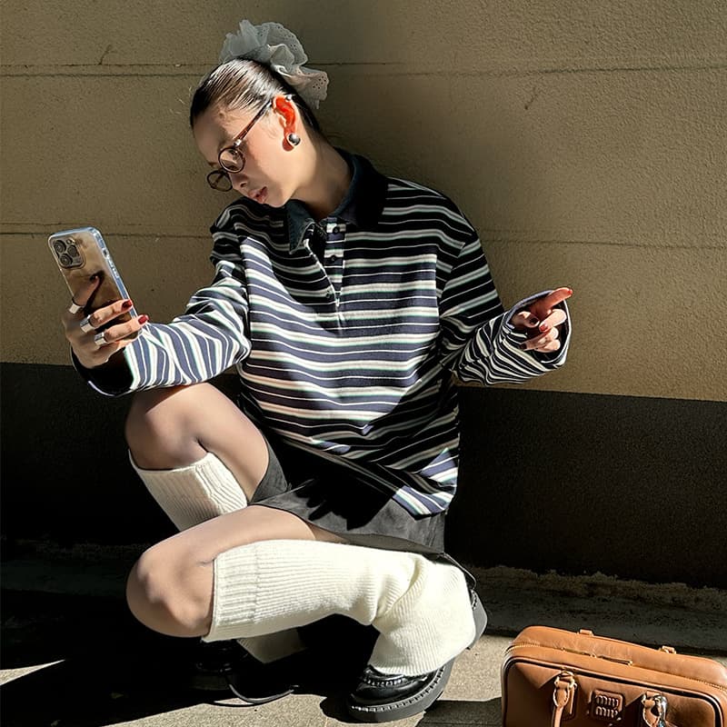 MMFISH Trendy Retro Patchwork Color Block Striped Thick Polo Shirt Long Sleeve T-Shirt 24T395