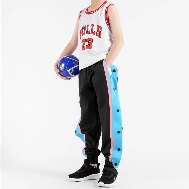 Children's Button-Up Basketball Pants, Full Button Closure for Ages 12, Height 130-140cm, Spring/Autumn Three-Stripe Training Long Pants for Primary School Students