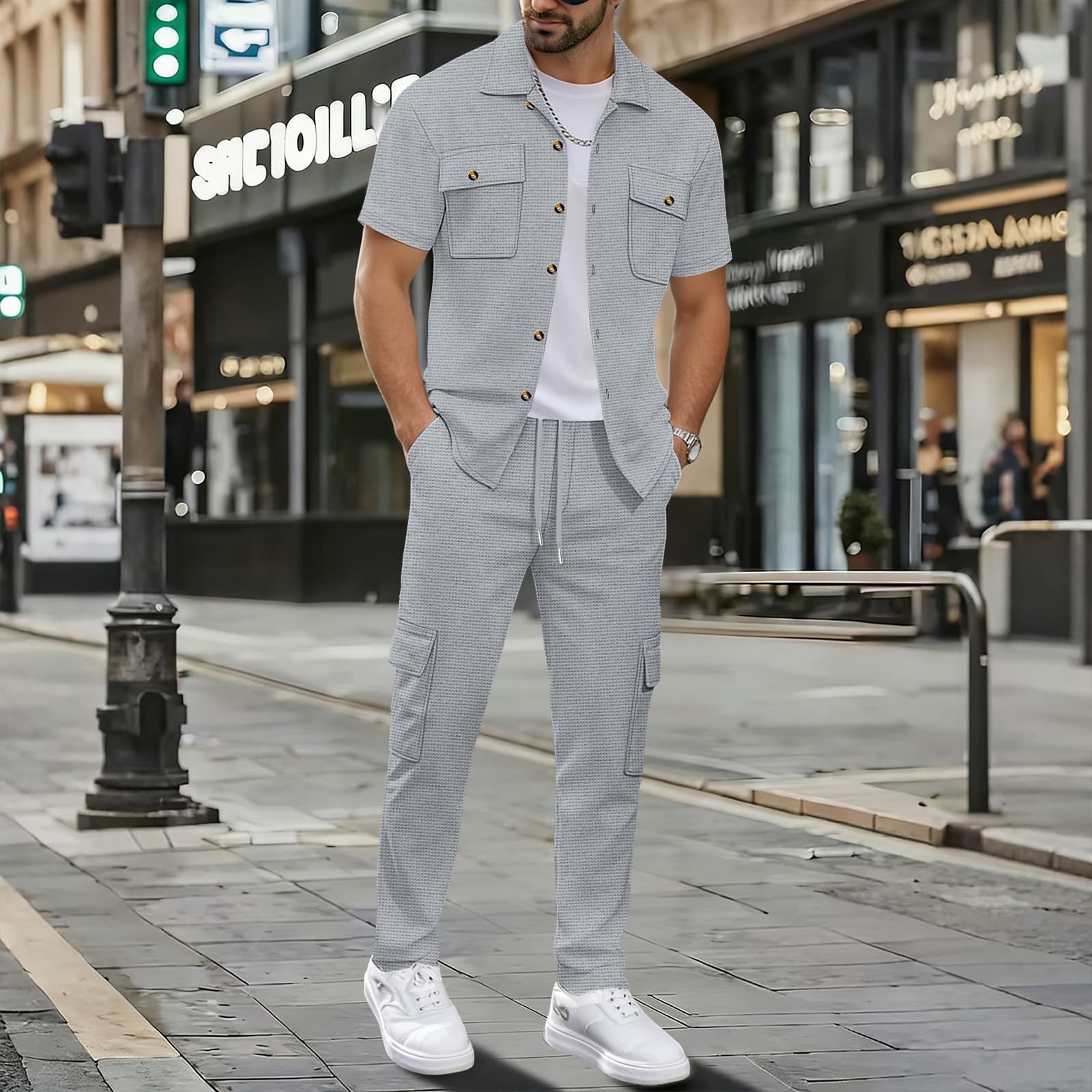 Amazon Cross-Border Men's Casual Waffle Knit Solid Color Lapel Work Pocket Jacket Top and Cargo Pants Set