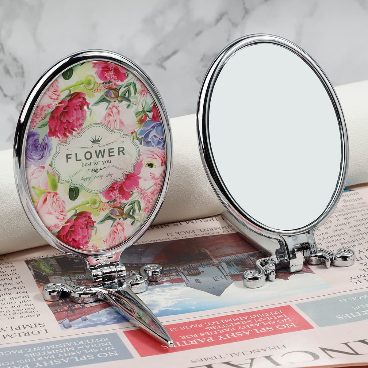 Portable Folding Makeup Mirror Handheld Desktop High-Definition Makeup Mirror Eiffel Tower Pattern Student Dressing Mirror