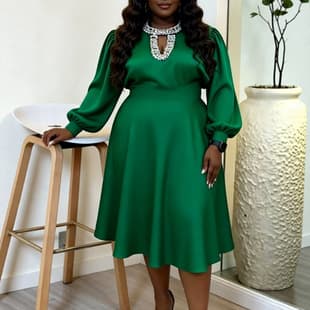 Plus Size Women's Green Satin Puff Sleeve Dress, Rhinestone V-Neck Waist-Cinching A-Line Church Formal Dress