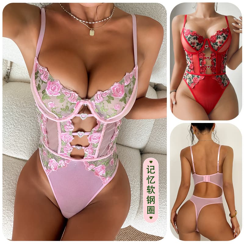 Export Pink Two-Tone Rose Embroidery Bodysuit Memory Soft Underwire Lace See-Through Sexy Shapewear 8040