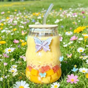 Transparent Bow Lid Straw Cup High Borosilicate Glass Home Office Coffee Cup Cold Hot Drink Juice Cup for Women