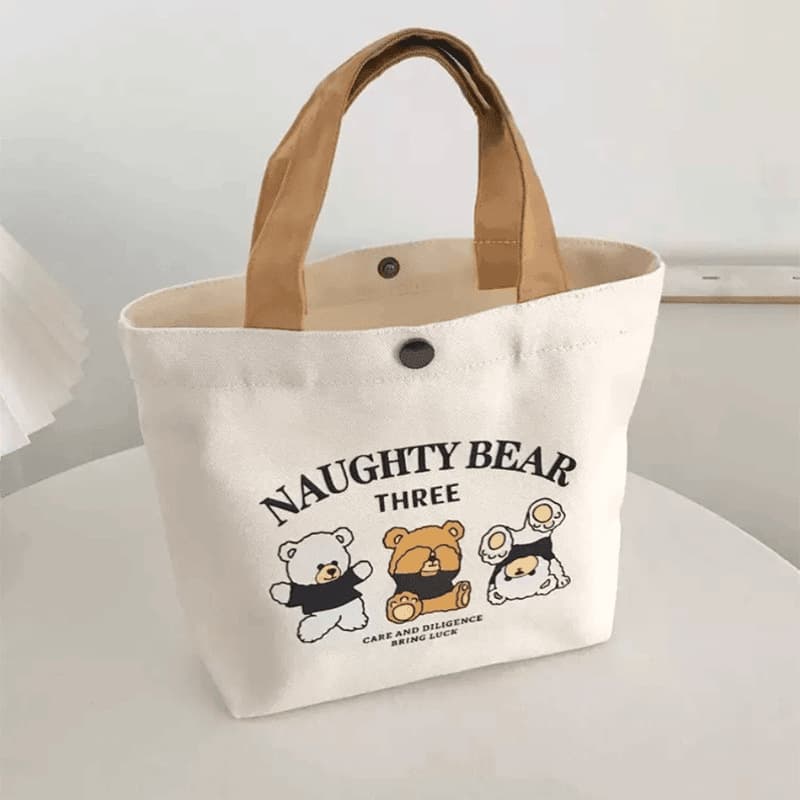 New Bear Print Canvas Bag for Students, Portable Small Lunch Tote with Handle, Gift Bag Option