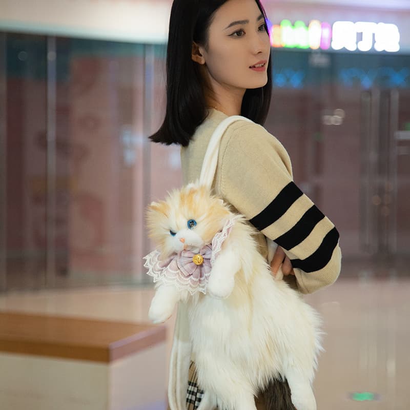 TikTok Same Style Cat Backpack 2026 New Plush Simulation Ragdoll Bag Cute Versatile Stuffed Animal Backpack