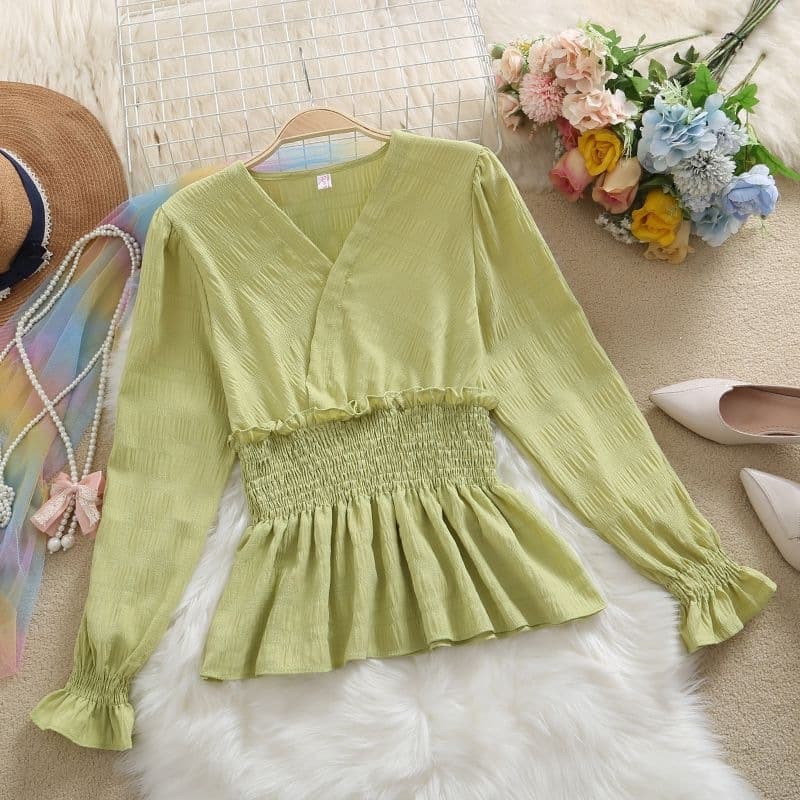 Chiffon Long-Sleeve Blouse for Women Fall New Ruffle Hem Waist-Tightening Slimming Conceal Belly Stylish Top