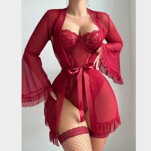 Sexy European American Lingerie Lace Shapewear Bell Sleeve Sexy Tie Bodysuit with Stockings Set