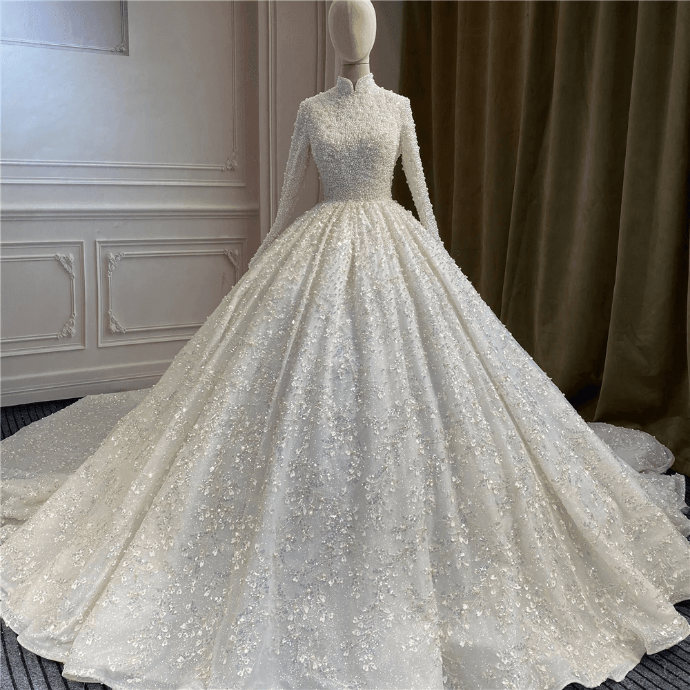 Middle Eastern Wedding Dress Luxury Pearl Beaded Heavy Work High Neck Long Sleeve Train Wedding Gown