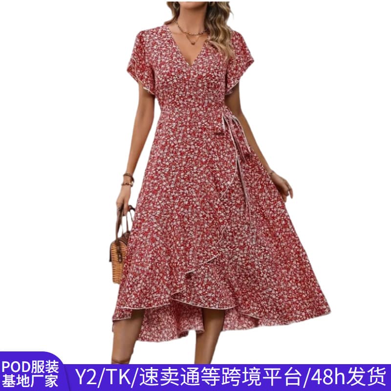 New Cross-Border Dress, Light Luxury High-End V-Neck Ruffle Tie Plus Size Women's Dress, European and American Floral Long Dress