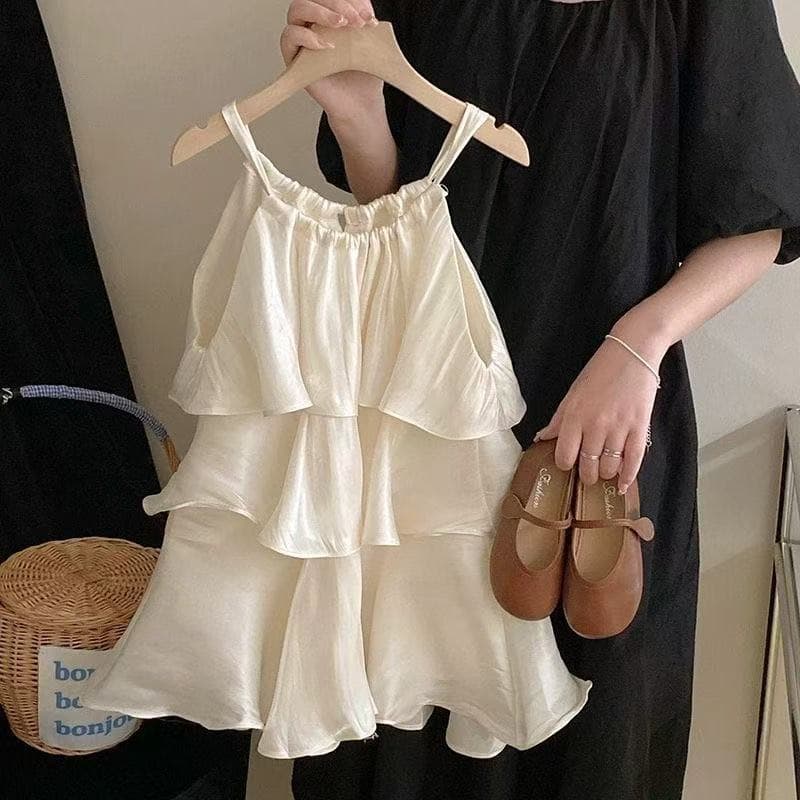 Girls Summer Sleeveless Ruffle Hem Dress Baby Vest Skirt Fairy Tale Cake Style Children's Clothing Sweet Polyester Fabric