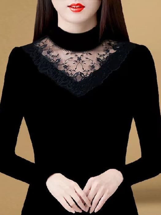 (Milk Silk Fleece) Fashionable Warm Lace Mesh Base Layer Women's Long Sleeve Plus Size Top T-Shirt