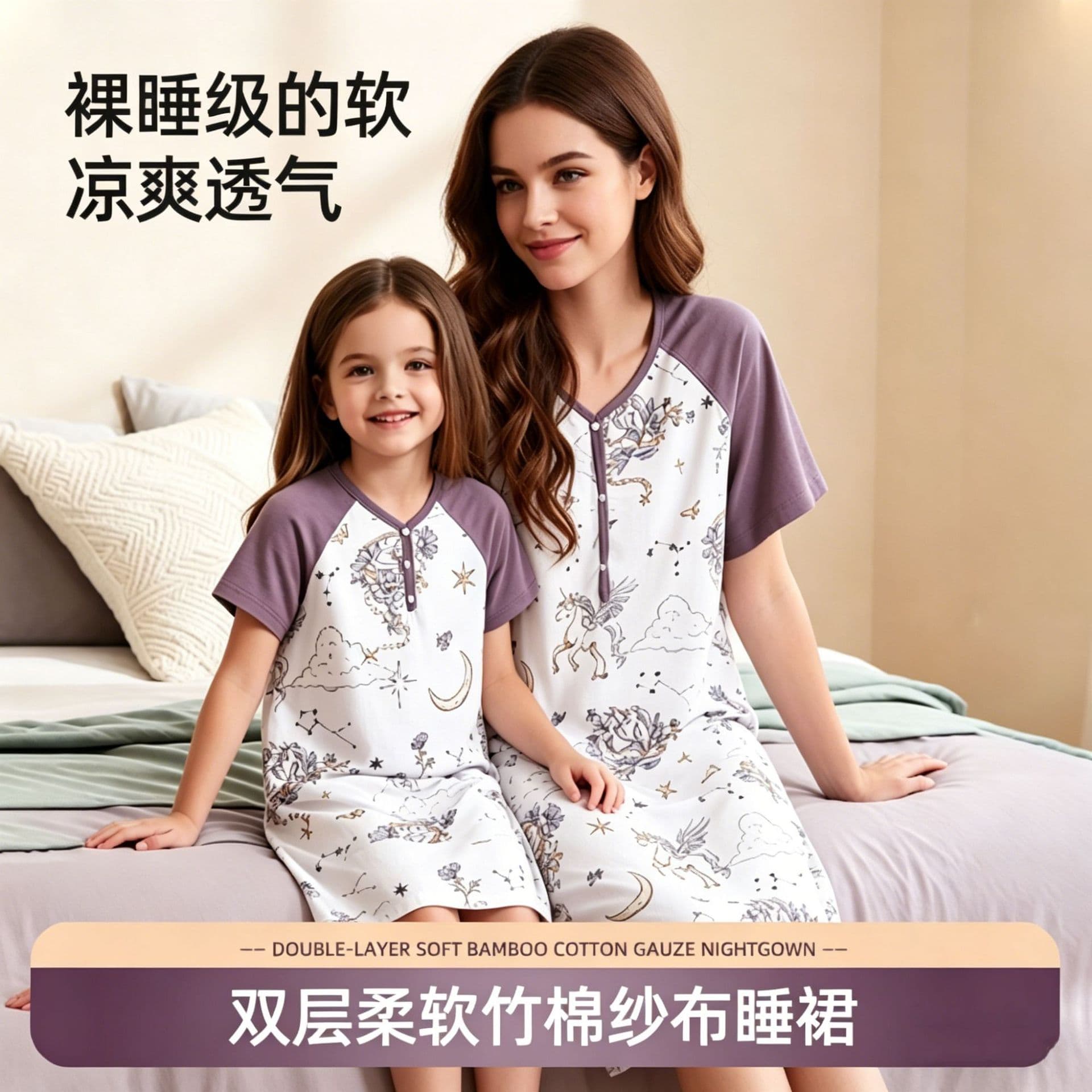 Children's pajamas, parent-child nightgown, double-layer bamboo cotton gauze sweat-absorbent and breathable children's summer thin short-sleeved women's pajamas