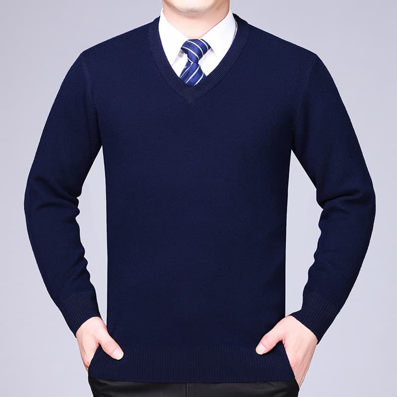 2025 Winter Men's Cashmere Sweater V-neck Long Sleeve Thickened Sweater, Middle-aged Solid Color Wool Knit Base Layer
