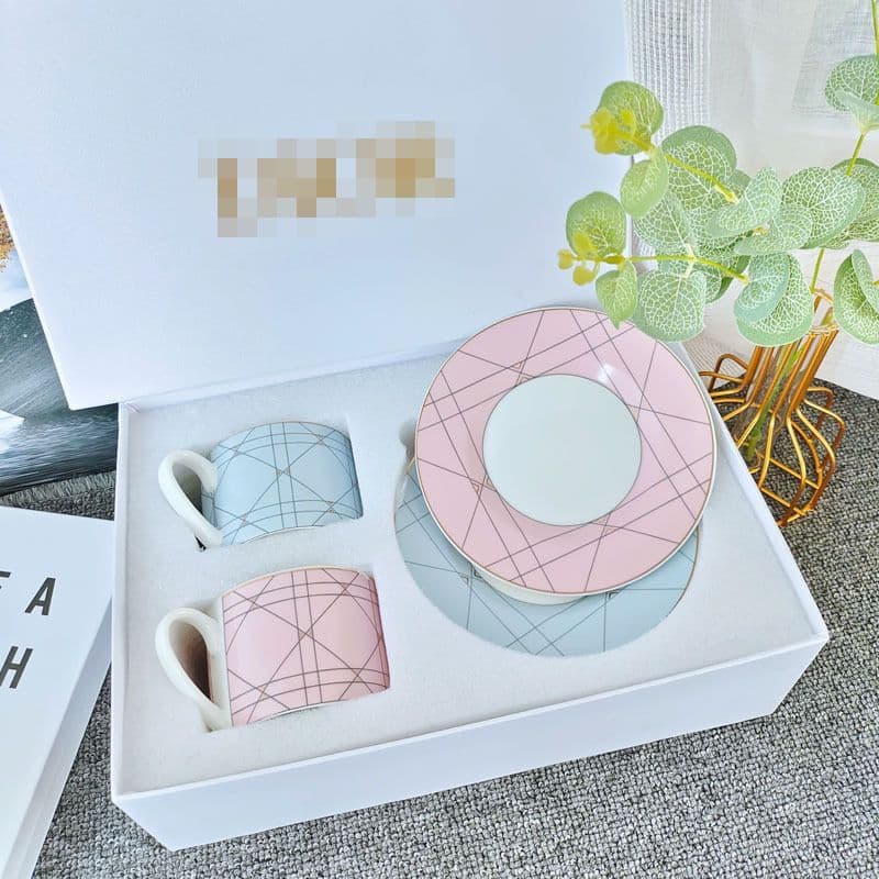 Oushidijia White Grid Coffee Cup and Saucer Set, Modern Simple Style, Home Afternoon Tea Coffee Cup and Saucer, Cross-Border Direct Sales