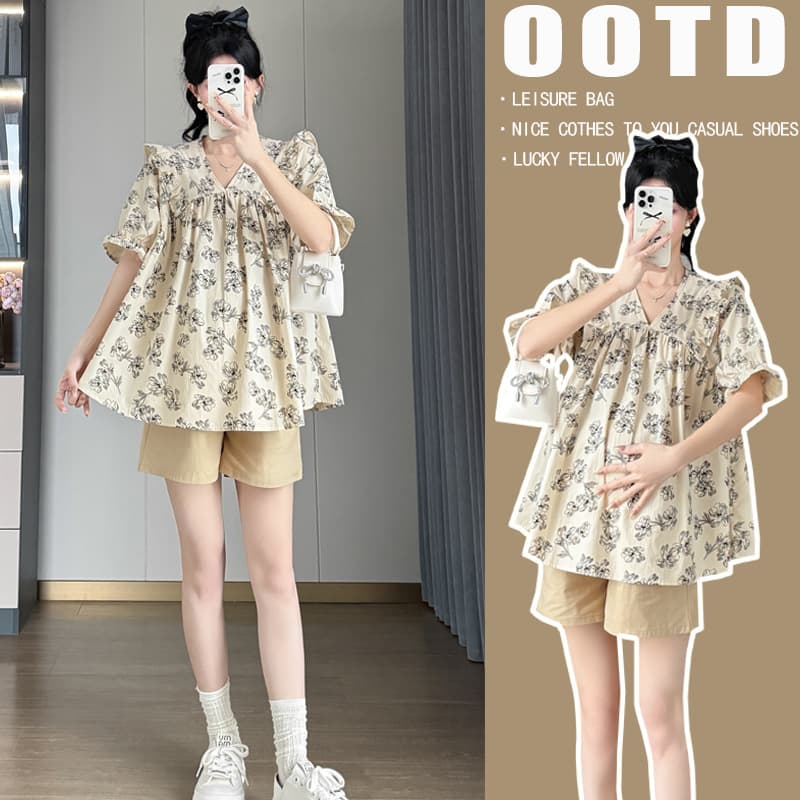 Maternity Summer Short Sleeve Floral Top and Thin Maternity Shorts Fashionable Two-Piece Set