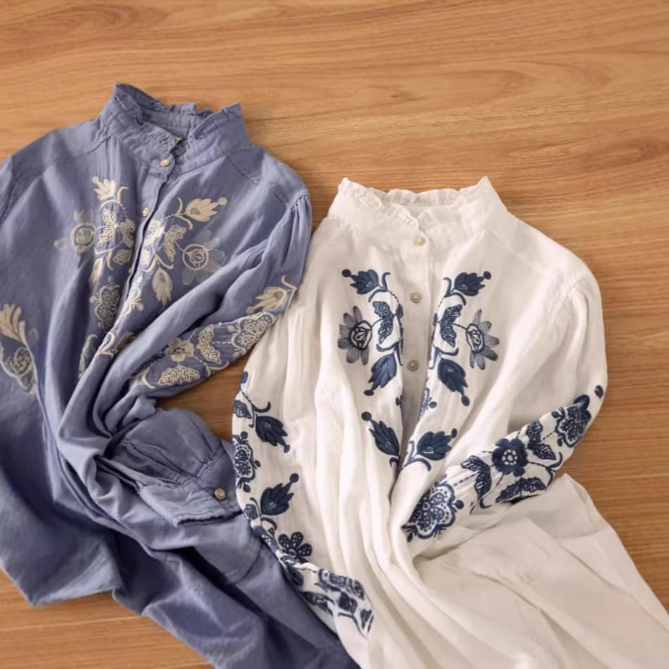 Japanese double-layer cotton gauze edge long-sleeved shirt autumn fresh and sweet heavy embroidery versatile loose top