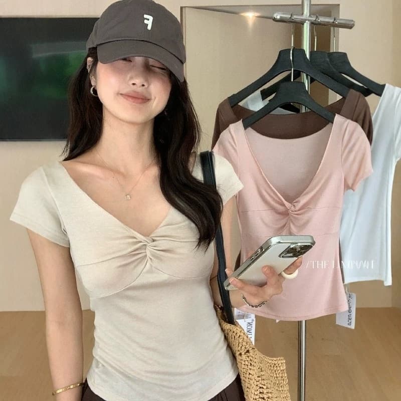 Lemon Green Tea Summer Korean Casual Style Curve Design Versatile Slim Fit V-Neck Knotted Short-Sleeve T-Shirt for Women