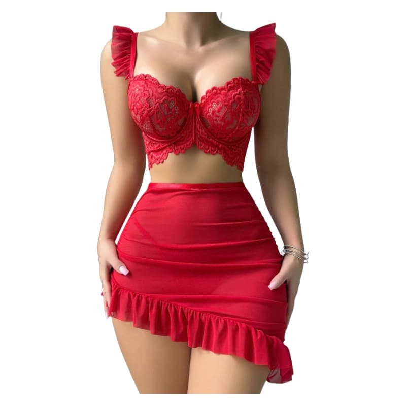 Cross-border Sexy Lingerie Hollow Bodycon Skirt Tempting Tube Top Lace Set Ruffled Shoulder Strap Edge Charm