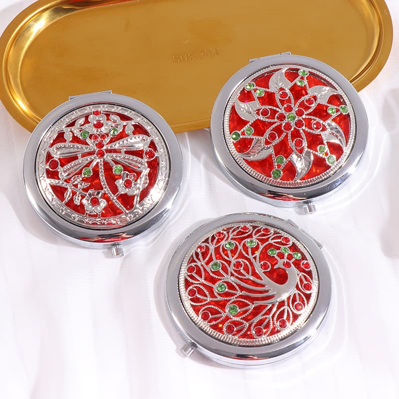 Metal retro makeup mirror, folding small mirror, portable silver hollow double-sided mirror, wedding advertising gift wholesale.