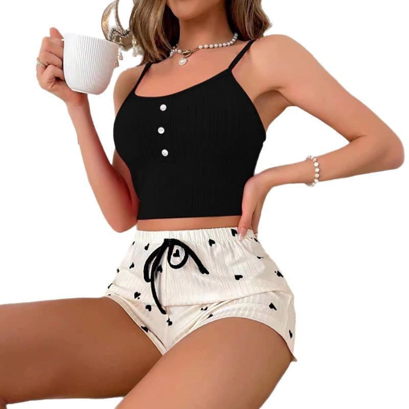 Cross-border Trade European and American Style Women's Loungewear Fashionable Sexy Camisole Shorts Ribbed Heart Print Pajama Set