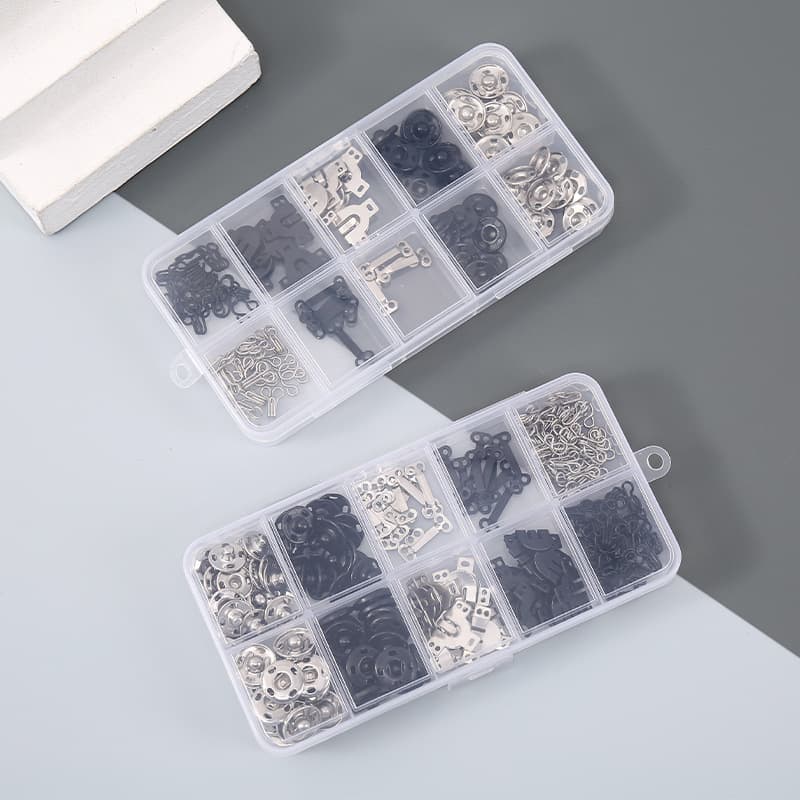 10-box box with multiple styles of iron snaps for underwear, collar hook, trouser hook, and mending set, clothing accessories, tools, black hidden buckle