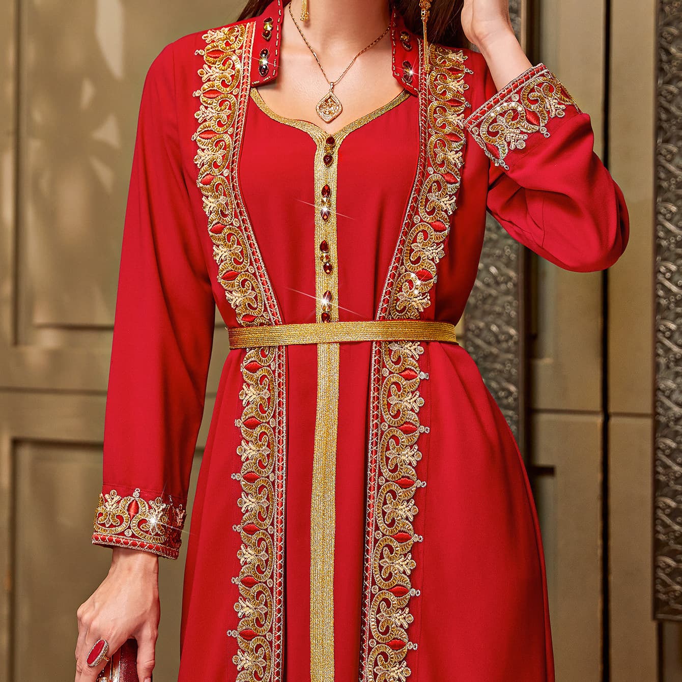4048 Vintage Gold Lace Trim Two-Piece Illusion Long Dress Stand Collar Long Sleeve Slimming Flowing Party Dress