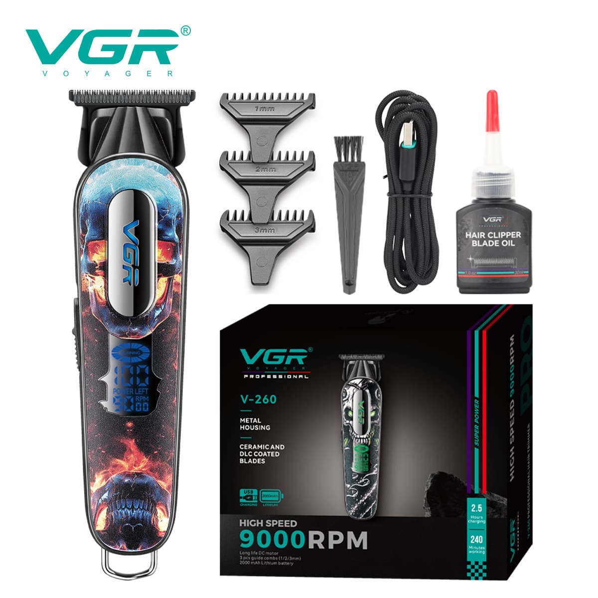 VGR260 cross-border electric professional high-speed 9000RPM hair clipper carving electric clipper digital display rechargeable clipper