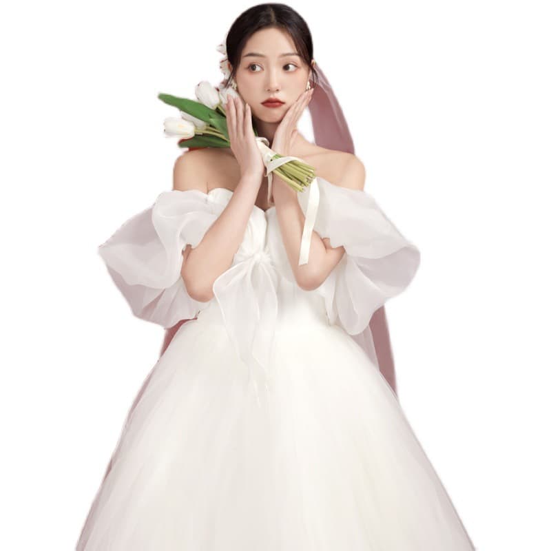 2026 New Wedding Dress One-Shoulder Slim Bow Travel Photo Princess Puffy Skirt Floor-Length Wedding Gown Puff Sleeve Fairy
