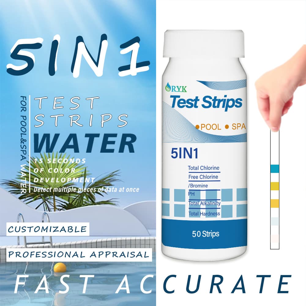 Cross-border 50pcs 5-in-1 Swimming Pool Water Quality Test Paper, pH/Acidity/Alkalinity/Hardness/Chlorine Five-in-One Test Strips