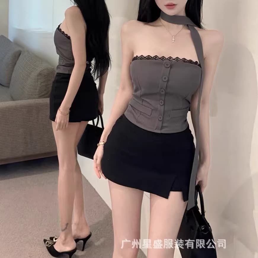 Hot Girl Sexy Lace Halter Neck Ribbon Tube Top Women Summer 2026 One Shoulder Single Breasted Short Top