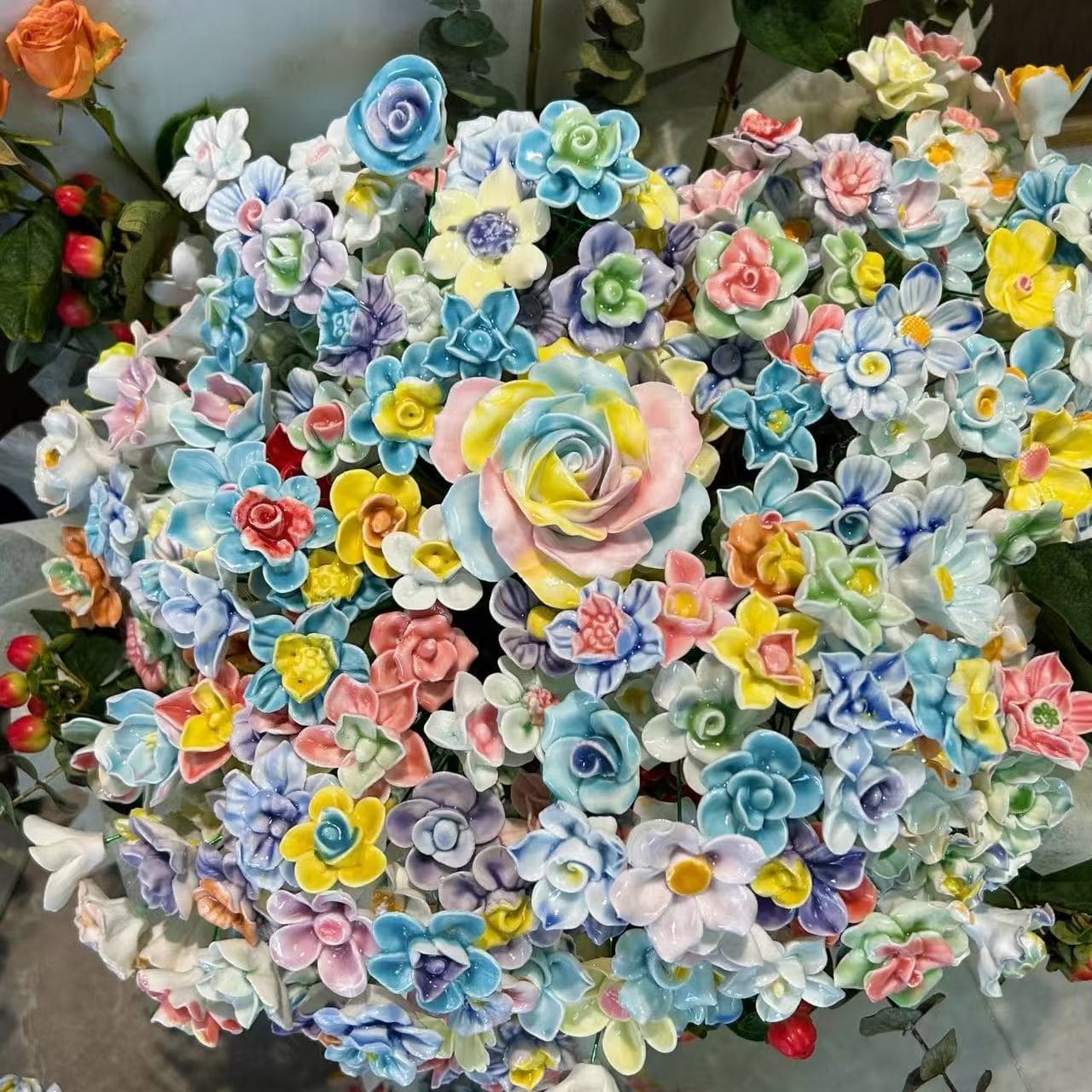 Jingdezhen Ceramic Flower Handmade High-Temperature Porcelain Office Desktop Decoration Mixed Color Flower Shop Everlasting Flower Wholesale