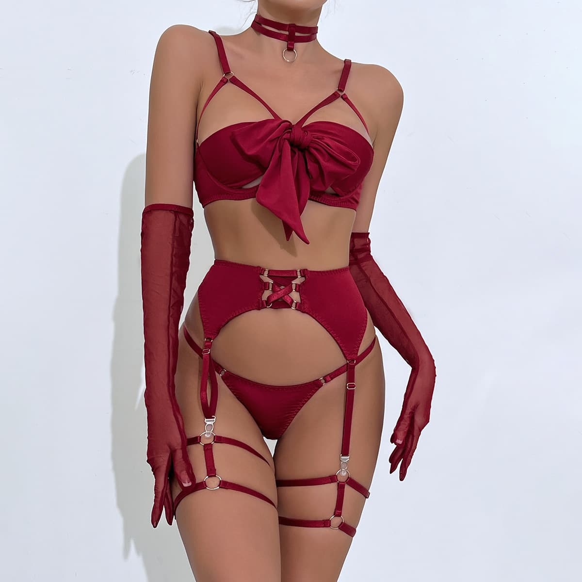 European and American cross-border best-selling sexy women's lingerie set with bow tie, revealing breasts, underwire, push-up straps, and gloves (four-piece set)