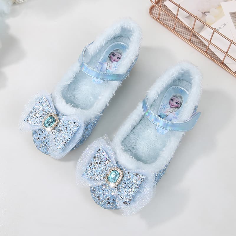 Girls' Princess Shoes, Blue Crystal Shoes, New Winter Style, Fleece Lined Shoes, Fashionable Bow Elsa High Heels