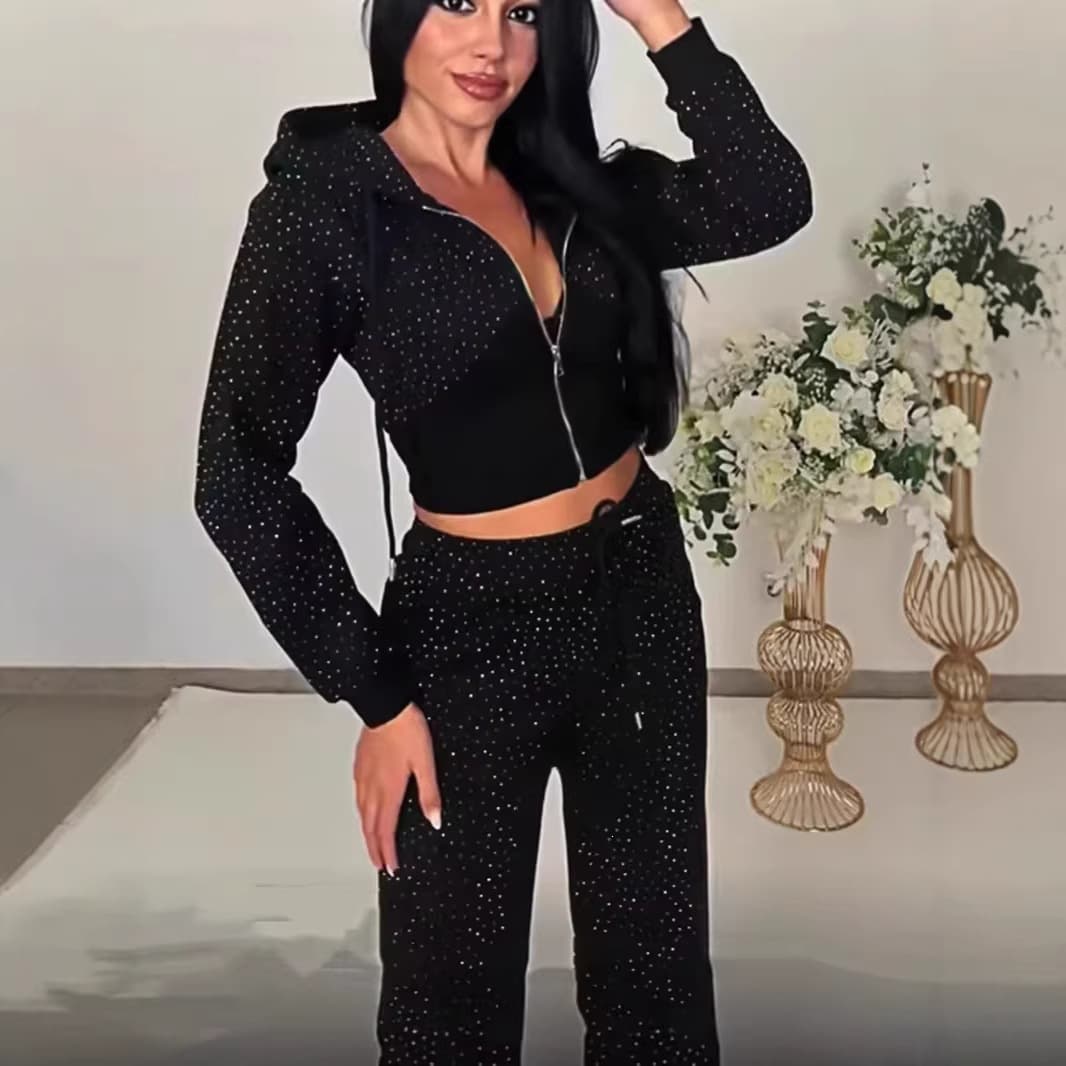 Cross-border European and American clothing Y2K hot diamond short cardigan hooded sweatshirt high waist slim sweatpants hoodie suit ins