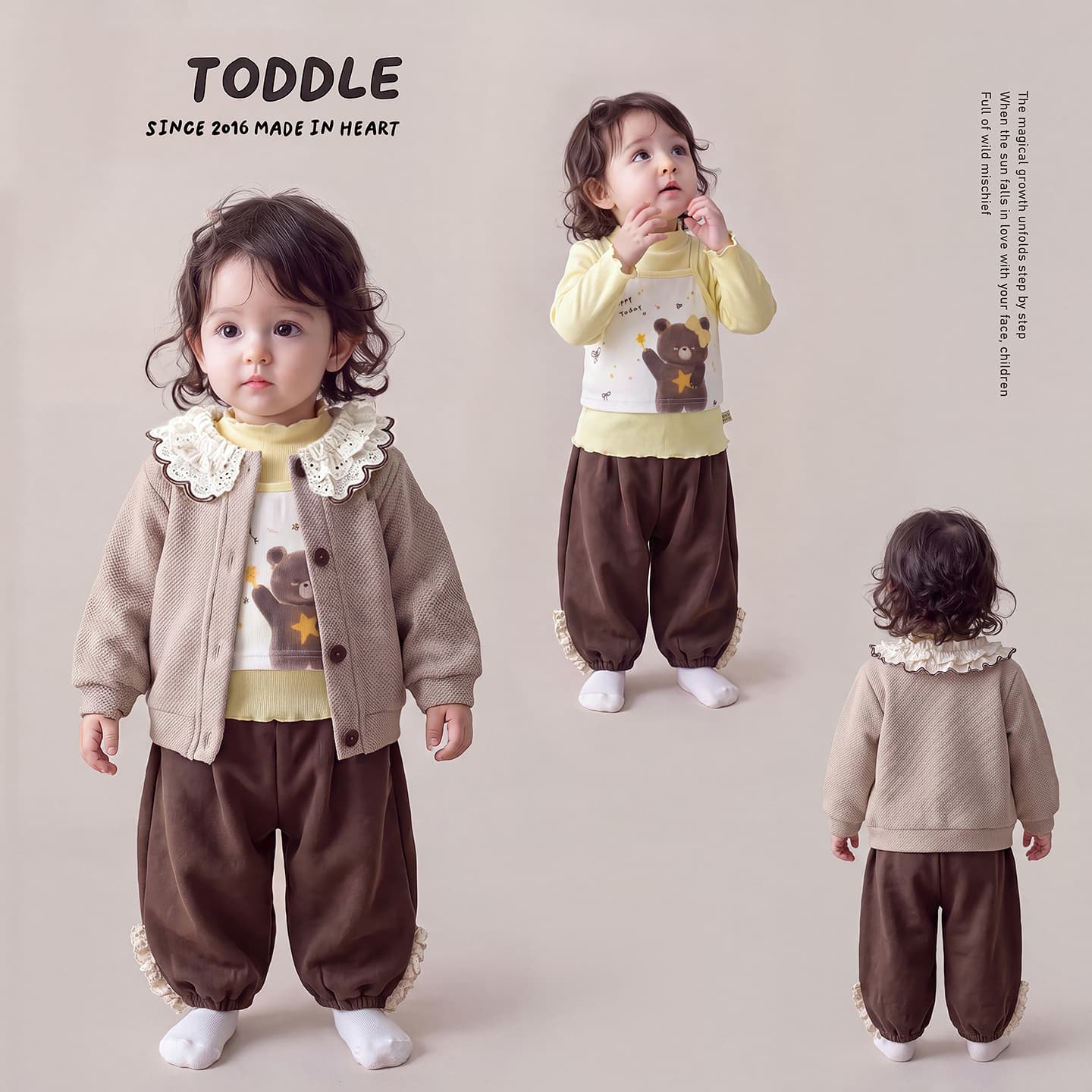 Children's Autumn Maillard Three-piece Set for Baby Girls Lace Collar Jacket Printed Liner Lace Leg Pants Girls Suit