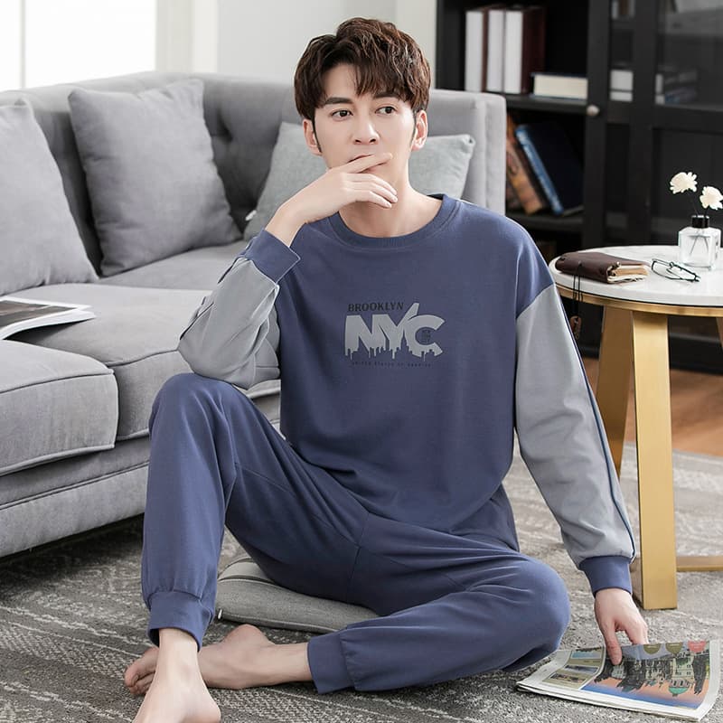 Men's Pajama Set Long Sleeve Top and Pants Lightweight Cotton Casual Homewear for Spring and Fall, Plus Size Available
