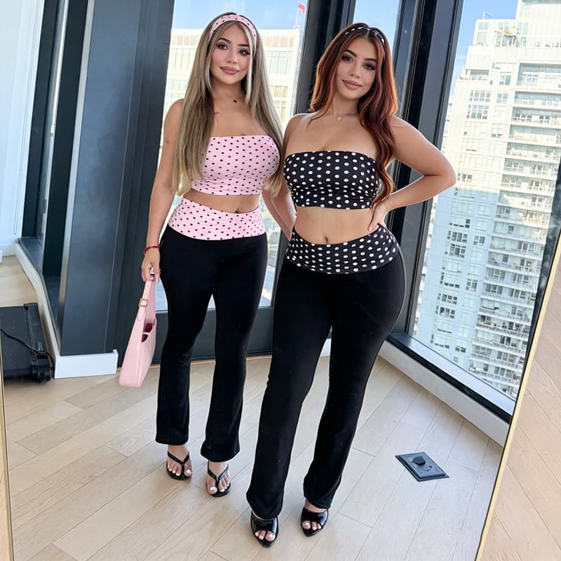 D26St238 European and American Cross-Border Women's Clothing Polka Dot Print Headband Tube Top Color-Block Flared Pants Three-Piece Set